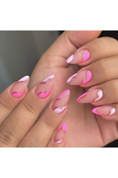 Vanilla Avenue Badem Kesim Pembe Altın Çizgili Kendinden Yapışkanlı Takma Tırnak 24 Adet Pembe