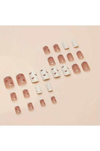 Vanilla Avenue Beyaz Pembe Kalp ve Fiyonk Detaylı Kendinden Yapışkanlı Takma Tırnak 24 Adet