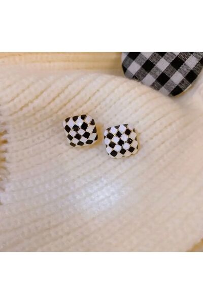 Vanilla Avenue Siyah Beyaz Vintage Damalı Günlük Kullanım Kadın Küpe