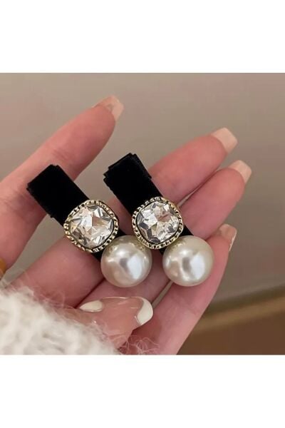 Moon Home Collection Siyah Şık Kadife İnci Detaylı Taşlı Mini Kadın Toka