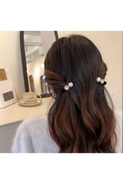 Moon Home Collection Siyah Şık Kadife İnci Detaylı Taşlı Mini Kadın Toka