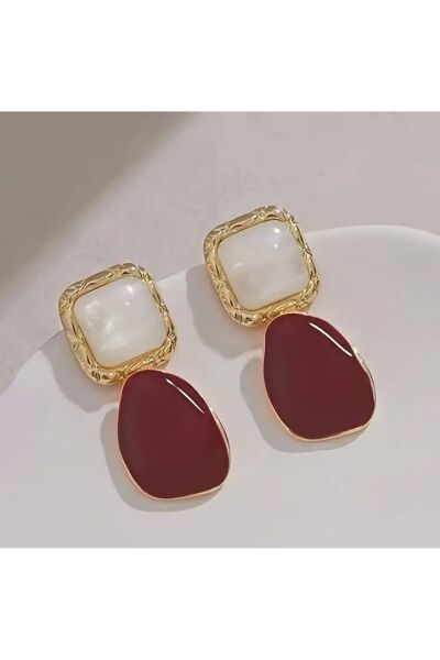 Vanilla Avenue Kırmızı Şık Kore Tarzı Moda Altın Sarısı Detaylı Sallantılı Kadın Küpe