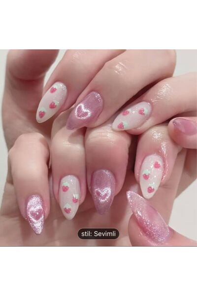 Vanilla Avenue Pembe Badem Sevimli Çilek Detaylı Kendinden Yapışkanlı Takma Tırnak 24 Adet