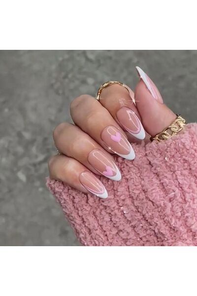 Vanilla Avenue Badem Zarif Kalp French Kendinden Yapışkanlı Takma Tırnak 24 Adet
