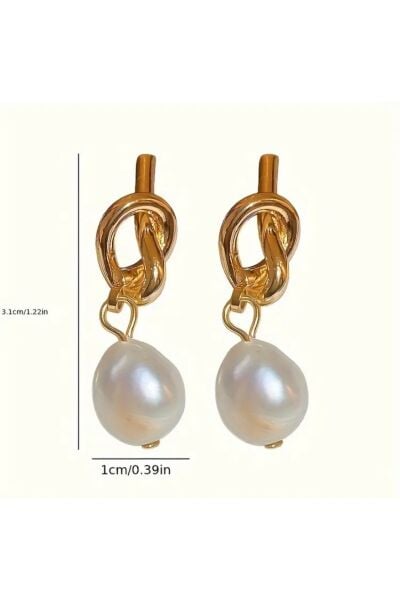 Moon Home Collection Altın Sarısı Zarif Fransız Esintili İnci Düğümlü Sallantılı Kadın Küpe Sarı Tek Ebat  Kadın / Kız