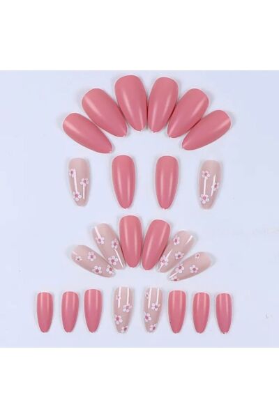 Vanilla Avenue Pembe Badem Kesim Çiçekli Kendinden Yapışkanlı Takma Tırnak 24 Adet