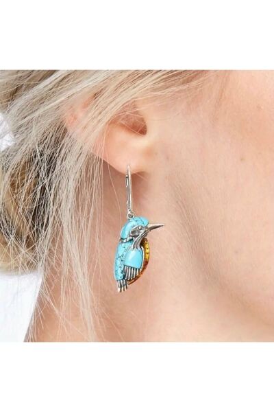 Vanilla Avenue Bohem Tarzı Şık Turkuaz Vintage Kuş Sallantılı Günlük Kullanım Kadın Küpe