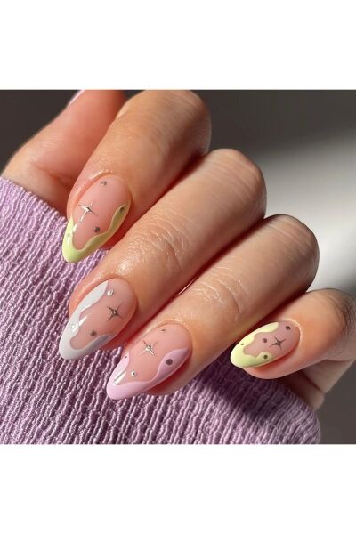 Vanilla Avenue Pastel Renk Bloklu Su Damlası Parıltılı Kendinden Yapışkanlı Takma Tırnak 24 Adet