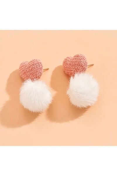 Vanilla Avenue Beyaz Pembe Kalp ve Ponpon Sallantılı Günlük Kullanım Kadın Küpe