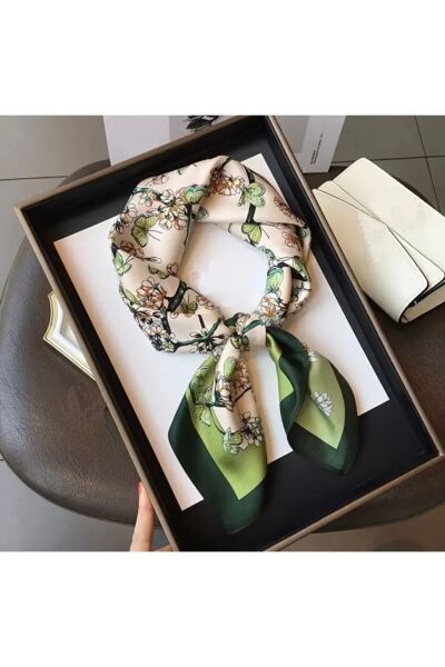 Vanilla Avenue Yeşil Kelebek ve Çiçek Temalı Ipek Görünüm Kare Eşarp Fular Kadın Aksesuar