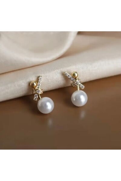 Vanilla Avenue Şık Inci Detaylı Işıltılı Gold Kadın Küpe