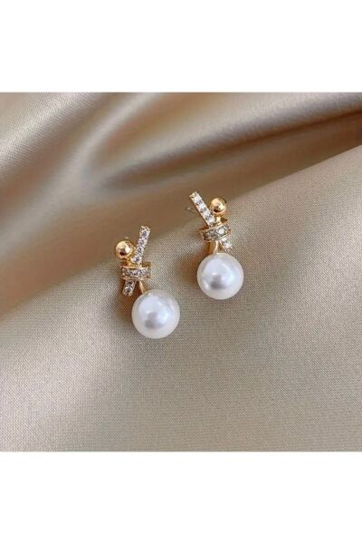 Vanilla Avenue Şık Inci Detaylı Işıltılı Gold Kadın Küpe