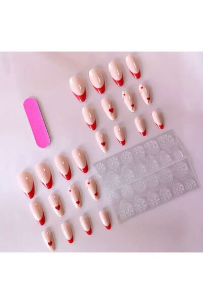 Vanilla Avenue Stiletto Kesim Kırmızı Kalp Tasarımlı Kendinden Yapışkanlı Takma Tırnak 24 Adet Kırmızı