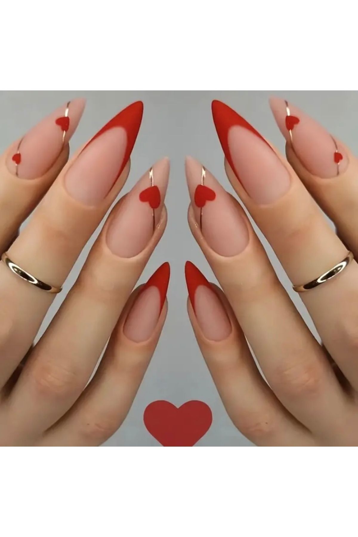 Vanilla Avenue Stiletto Kesim Kırmızı Kalp Tasarımlı Kendinden Yapışkanlı Takma Tırnak 24 Adet Kırmızı