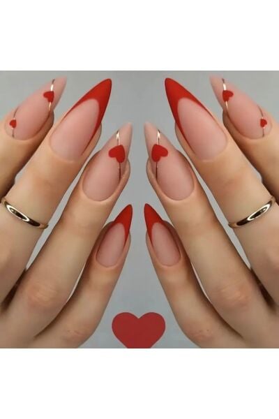 Vanilla Avenue Stiletto Kesim Kırmızı Kalp Tasarımlı Kendinden Yapışkanlı Takma Tırnak 24 Adet Kırmızı