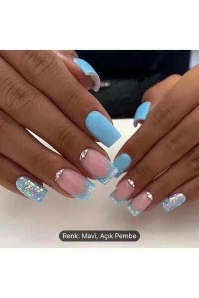 Vanilla Avenue Mavi Işıltılı Parlak Detaylı Pembe Glitter Kendinden Yapışkanlı Takma Tırnak 24 Adet