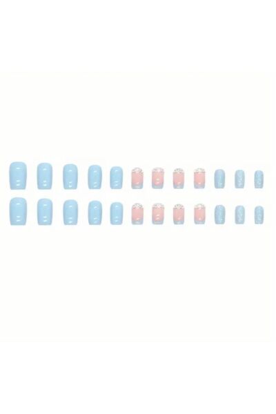 Vanilla Avenue Mavi Işıltılı Parlak Detaylı Pembe Glitter Kendinden Yapışkanlı Takma Tırnak 24 Adet
