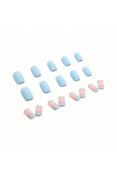 Vanilla Avenue Mavi Işıltılı Parlak Detaylı Pembe Glitter Kendinden Yapışkanlı Takma Tırnak 24 Adet