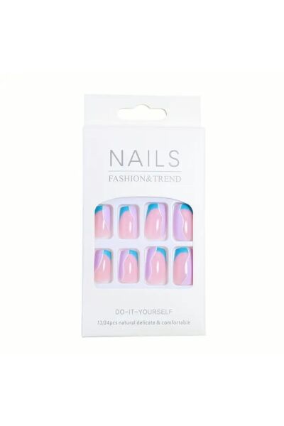 Vanilla Avenue Glosy Blue and Purple Kısa Kare Kendinden Yapışkanlı Takma Tırnak 24 Adet