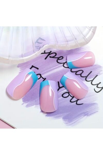 Vanilla Avenue Glosy Blue and Purple Kısa Kare Kendinden Yapışkanlı Takma Tırnak 24 Adet