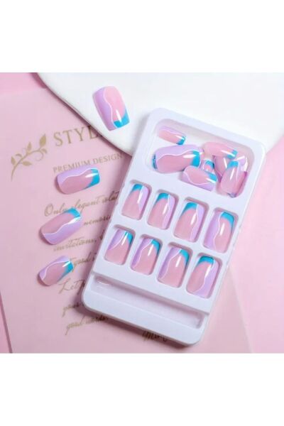 Vanilla Avenue Glosy Blue and Purple Kısa Kare Kendinden Yapışkanlı Takma Tırnak 24 Adet