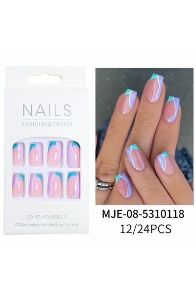 Vanilla Avenue Glosy Blue and Purple Kısa Kare Kendinden Yapışkanlı Takma Tırnak 24 Adet