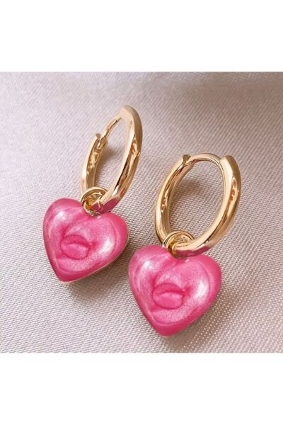 Moon Home Collection Şık Fransız Tarzı Simli Pembe Bombeli Kalp Sallantılı Kadın Küpe