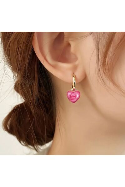 Moon Home Collection Şık Fransız Tarzı Simli Pembe Bombeli Kalp Sallantılı Kadın Küpe