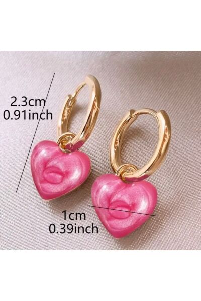 Moon Home Collection Şık Fransız Tarzı Simli Pembe Bombeli Kalp Sallantılı Kadın Küpe