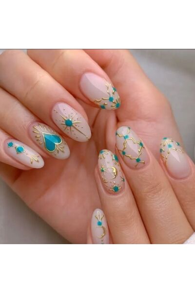 Vanilla Avenue Mavi Kalp Ve Ay Tasarımlı Badem Kesim Kendinden Yapışkanlı Takma Tırnak 24 Adet