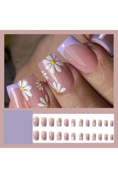 Vanilla Avenue Lila French Kesim Papatya Desenli Kendinden Yapışkanlı Takma Tırnak 24 Adet