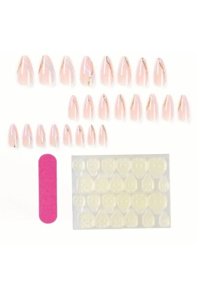 Vanilla Avenue Pudra Işıltılı Şeritli Kendinden Yapışkanlı Takma Tırnak 24 Adet Pembe