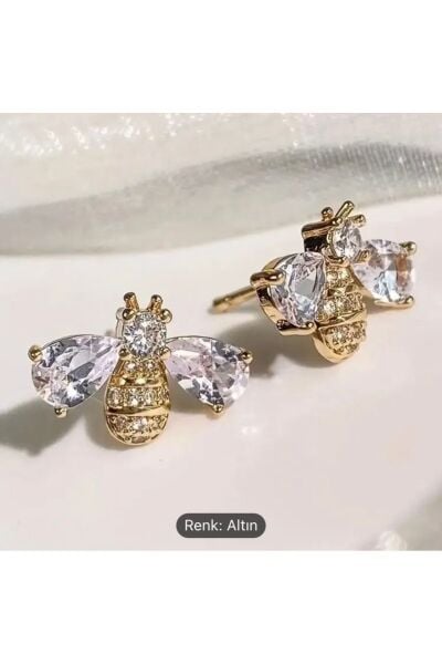 Moon Home Collection Şık Vintage Esintili Altın Sarısı Parlak Taş Detaylı Kadın Küpe