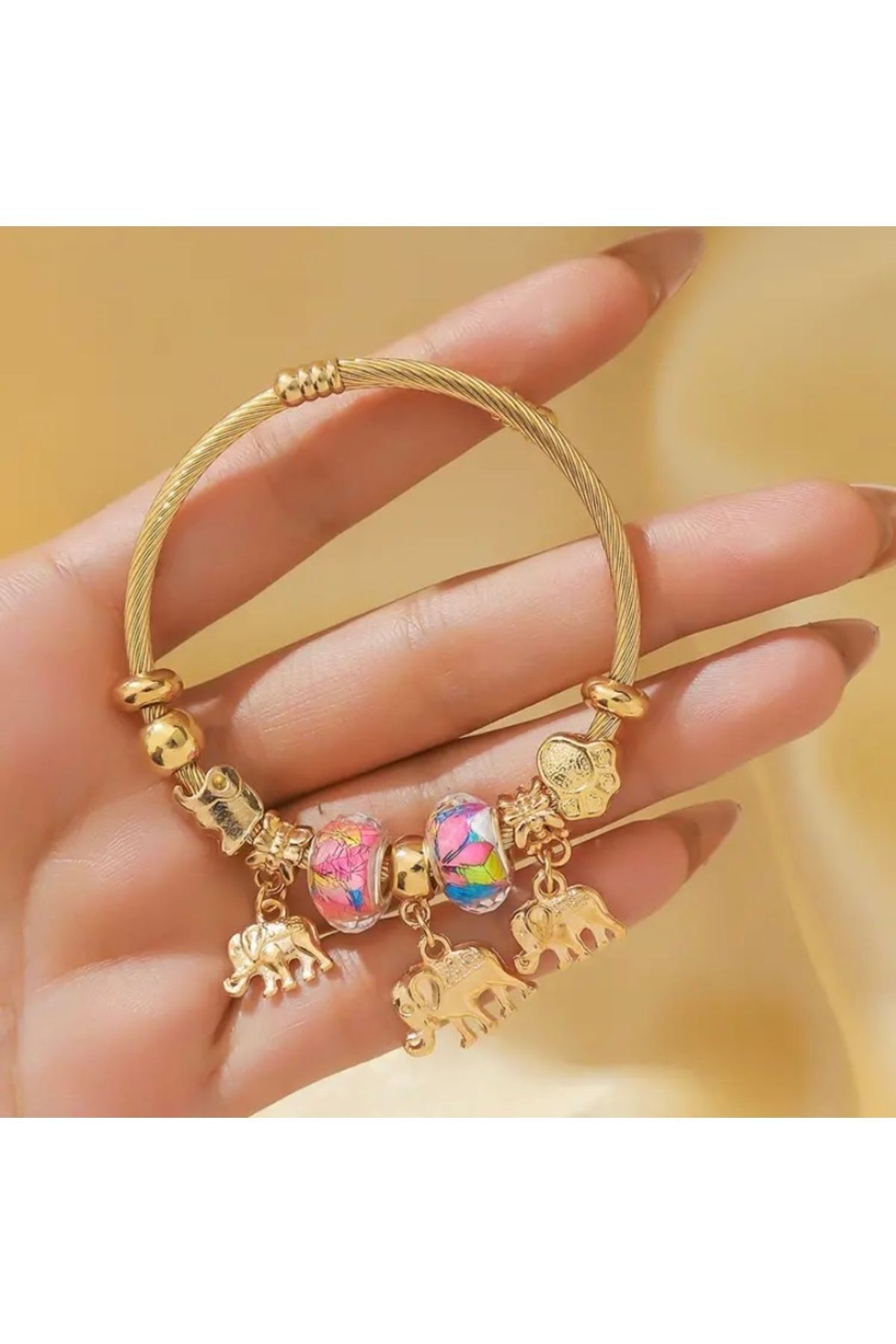 Vanilla Avenue Pembe Taşlı Fil Detaylı Charm Kadın Bileklik Sarı Tek Ebat  Kadın / Kız