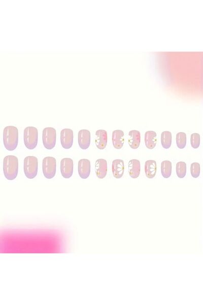 Vanilla Avenue Pembe Papatya Çiçekli Kısa Oval Kendinden Yapışkanlı Takma Tırnak 24 Adet