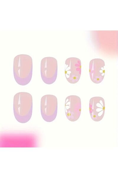 Vanilla Avenue Pembe Papatya Çiçekli Kısa Oval Kendinden Yapışkanlı Takma Tırnak 24 Adet