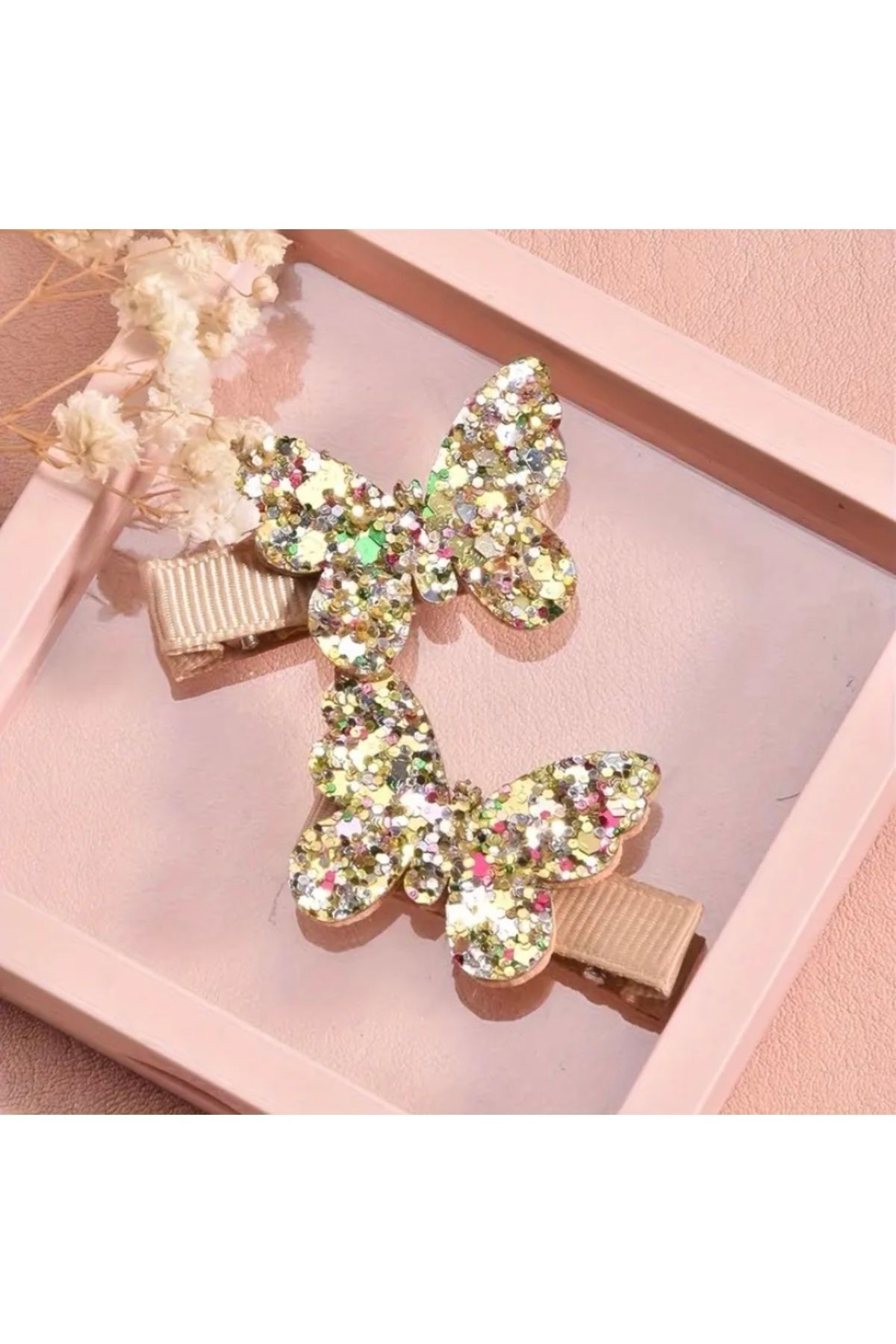 Vanilla Avenue Şirin Pembe Altın Sarısı Parıltılı Kelebek 2'li Şık Kız Çocuk Saç Tokası