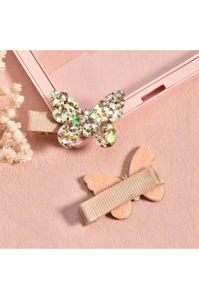 Vanilla Avenue Şirin Pembe Altın Sarısı Parıltılı Kelebek 2'li Şık Kız Çocuk Saç Tokası