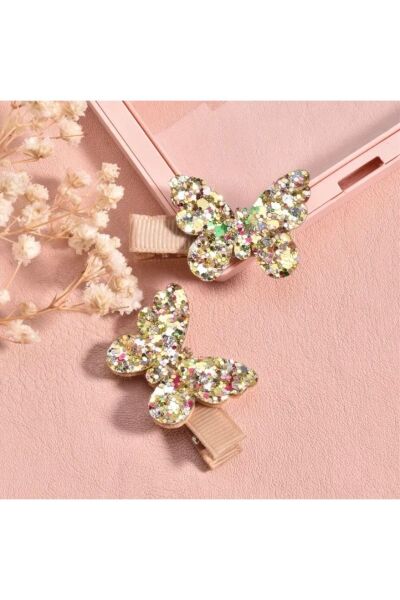 Vanilla Avenue Şirin Pembe Altın Sarısı Parıltılı Kelebek 2'li Şık Kız Çocuk Saç Tokası