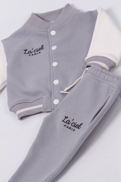 Gri Unisex Çocuk Kışlık 3 İplik Pamuklu Bomber Ceket Eşofman Alt-üst Takım Gri 2-3 Yaş  Unisex