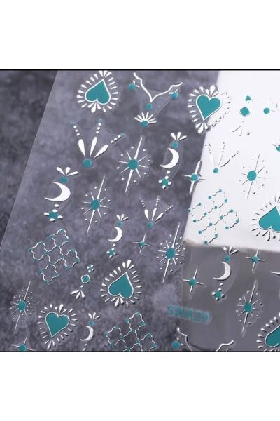 Vanilla Avenue Turkuaz Bohem Tırnak Çıkartmaları Simli Kalpli Tırnak Süsleri