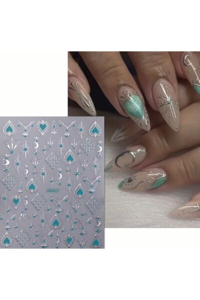 Vanilla Avenue Turkuaz Bohem Tırnak Çıkartmaları Simli Kalpli Tırnak Süsleri