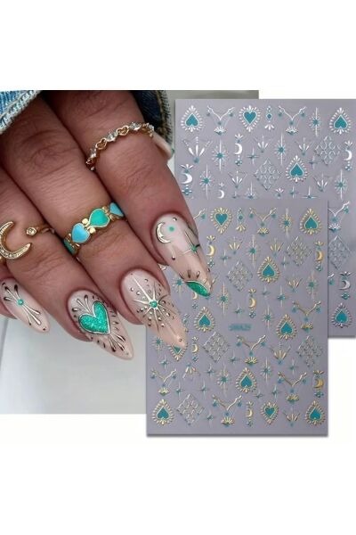 Vanilla Avenue Turkuaz Bohem Tırnak Çıkartmaları Simli Kalpli Tırnak Süsleri
