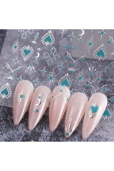 Vanilla Avenue Turkuaz Bohem Tırnak Çıkartmaları Simli Kalpli Tırnak Süsleri