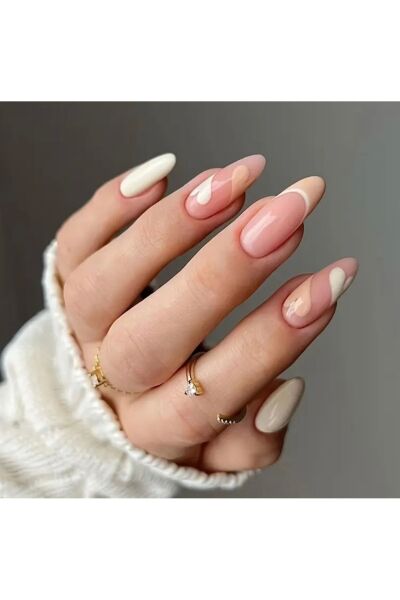 Vanilla Avenue Kalp Ve Çizgili Pembe Ve Sarı Badem Kendinden Yapışkanlı Takma Tırnak 24 Adet