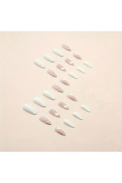 Vanilla Avenue Kalp Ve Çizgili Pembe Ve Sarı Badem Kendinden Yapışkanlı Takma Tırnak 24 Adet