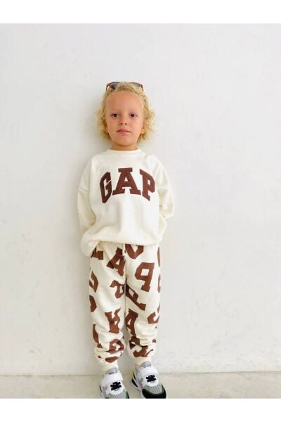 Unisex Çocuk  Desenli Sloganlı Kışlık 3 İplik Pamuklu Sweatshirt Eşofman Alt-üst Takım