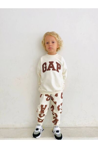 Unisex Çocuk  Desenli Sloganlı Kışlık 3 İplik Pamuklu Sweatshirt Eşofman Alt-üst Takım