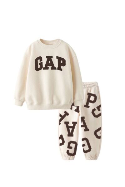 Unisex Çocuk  Desenli Sloganlı Kışlık 3 İplik Pamuklu Sweatshirt Eşofman Alt-üst Takım