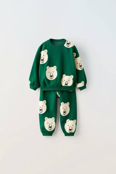 Yeşil Desenli Kışlık Pamuklu Sweatshirt Eşofman Alt-Üst Takım Unisex Çocuk Yeşil 5-6 Yaş  Unisex